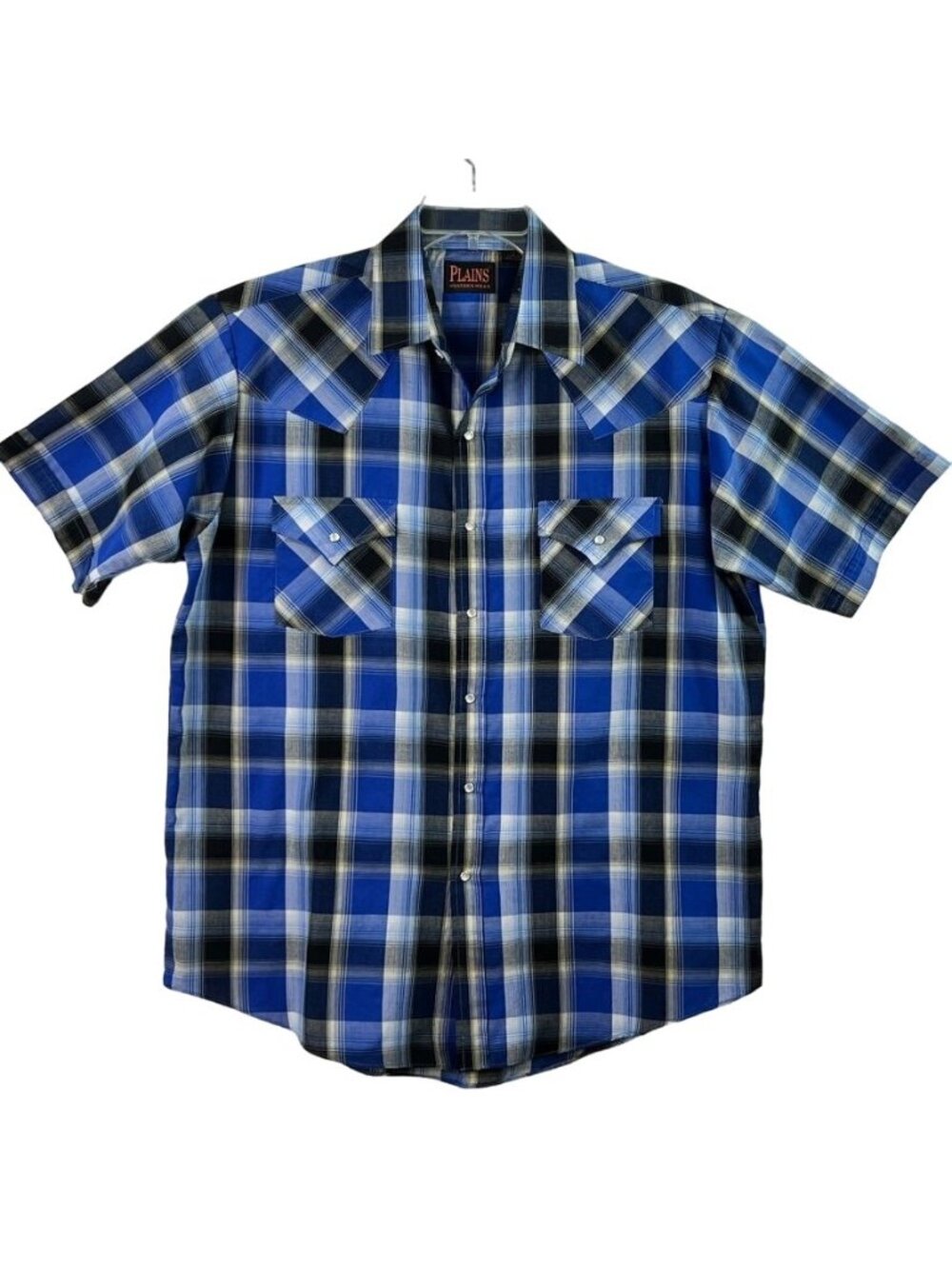 Plains Western Wear Mens L Pearl Snap Shirt Plaid Short Sleeve Navy 2 Pockets